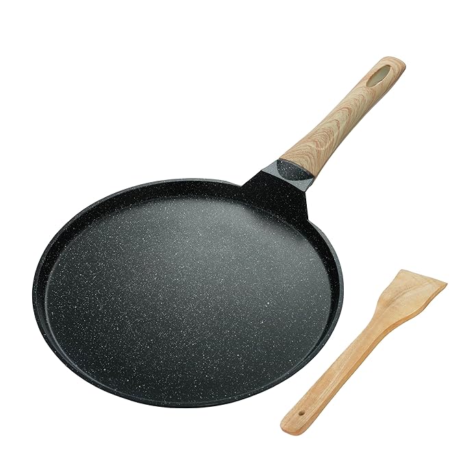 Lifelong Die-cast Flat Roti Tawa with Wooden Finish Handle & Spatula for Dosa, Chapati | 28cm, 1kg | Pre-Seasoned Non-Toxic, Non-Stick & Teflon Free, Durable | Gas & Induction Stove-Friendly (LLDCT28)