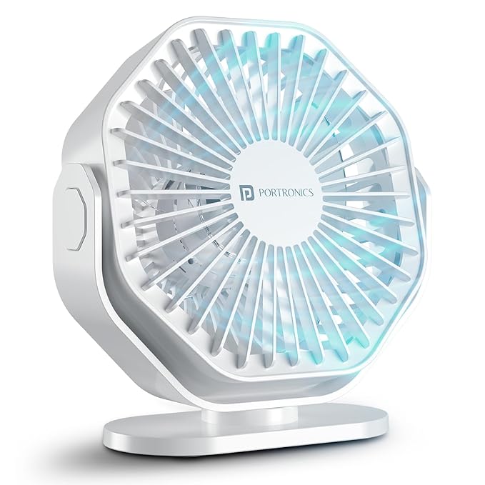 Portronics Chill On, Mini Type-C Powered Table & Hanging Fan, 360° Rotation, 3-Speeds, Upto 5000 RPM, BLDC Motor, One Button Control, Compact 3.25 Design with Loop for Desk, Home, Office & Travel