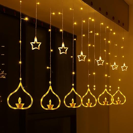 One94Store Deep Diya Curtain Decorative LED String Lights  -  3 Meter Warm White Plug-in Lights with 108 LEDs, 6+6 Diya Design for Balcony, Indoor & Outdoor & Diwali Lights for Home