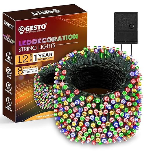 Gesto 12 Meter Multicolor Led Serial String Lights  -  8 Modes Changing Controller, Waterproof Fairy Lights for Home,Patio,Christmas,Patio,Garden,Deepawali & Diwali Decoration Lights for Balcony Outdoor