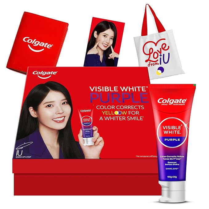 Colgate Visible White Purple X IU Limited Edition Kit  -  Colgate Purple Toothpaste for Teeth Whitening, Enamel-Safe for Daily Use (2 Toothpastes (100g + 20g), IU Signed Gratitude Journal & Tote Bag)