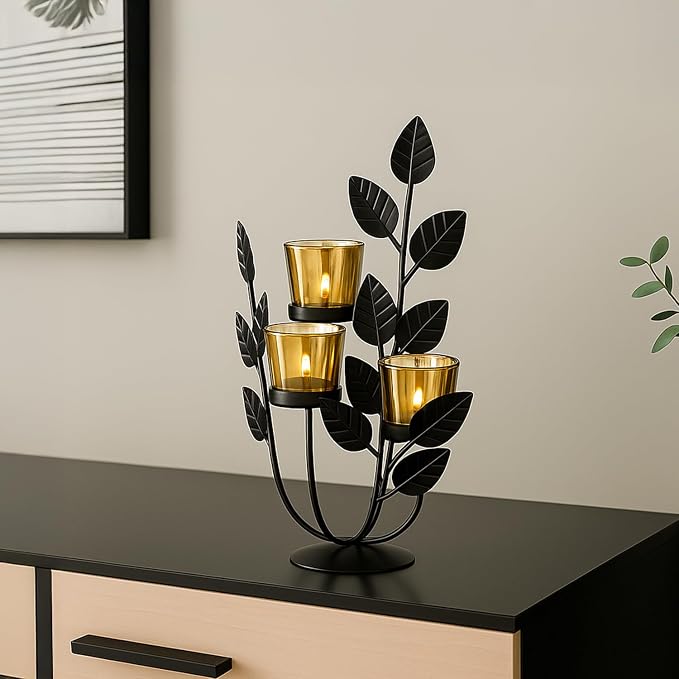 MARKET 99 Metal + Glass 3 Votive T-Light Holder Leaf Shape Black | Golden & Black Decorative Candle Holder for Home Decor | Tealight Stand for Diwali, Christmas, Wedding, Parties & Festive Decoration