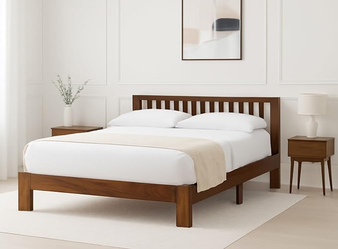 Queen Size Solid Wood Premium Bed | Modern Durable Double Bed Walnut Finish - 78x60 inches