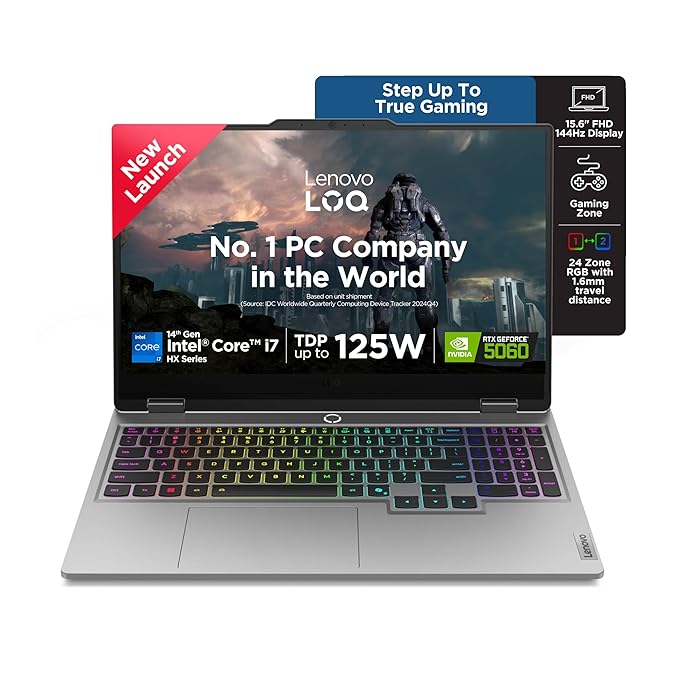 Lenovo LOQ, Intel Core i7 14th Gen 14700HX, NVIDIA RTX 5060 8GB, 16GB RAM, 1TB SSD, 15.6"(39.6cm), 144Hz, Windows 11, Office 2024, Grey, 2.4Kg, 83JE00U5IN, 572 AI Tops, 3 Mon. Game Pass Gaming Laptop