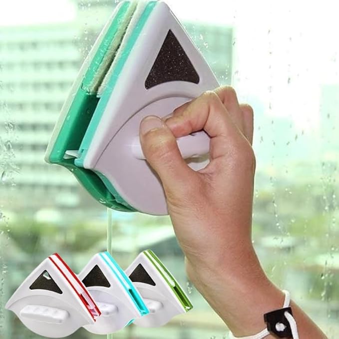TOZLER Magnetic Window Cleaner Double-Side Glazed Two Sided Glass Cleaner Wiper with 2 Extra Cleaning Cotton Cleaner Squeegee Washing Equipment (Multicolour)