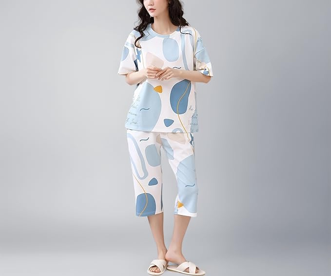 Lunza Women's Cotton Pajama Set with Top & Pants|| Korean Night Suit|| Lightweight Printed Set || Soft & Comfy Sleepwear for Girls & Women