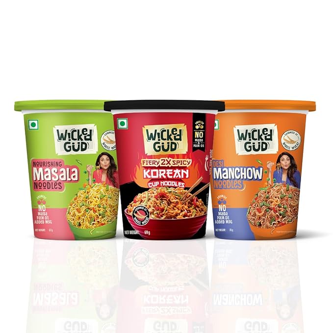 WickedGud Cup Noodles Variety Pack of 3 | Fiery Korean | Masala | Manchow | High Fiber | Source of Protein | Whole Wheat | No Maida | No Palm Oil | 67g | 69g | 70g