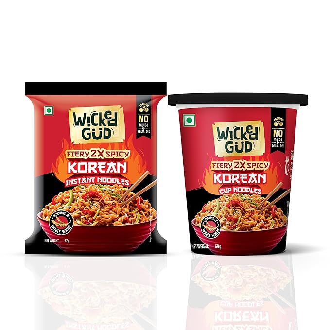 WickedGud Fiery 2X Spicy Korean Noodles | Instant Pack and Cup Combo Pack of 2 | Whole Wheat | No Maida | No Palm Oil | Vegetarian | 67g & 69g