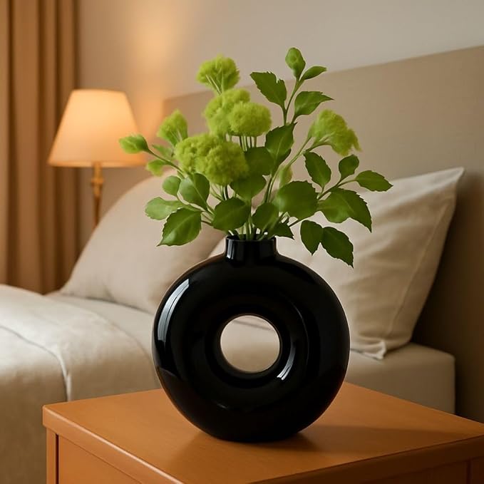 EIRA Decorative Donut Ceramic Flower Vase for Home Decor Centerpiece for Office, Living Room, Bedroom/Flower not Include/Floral Container/Tabletop Planter/Blossom Holder (Black, 6 Inch)