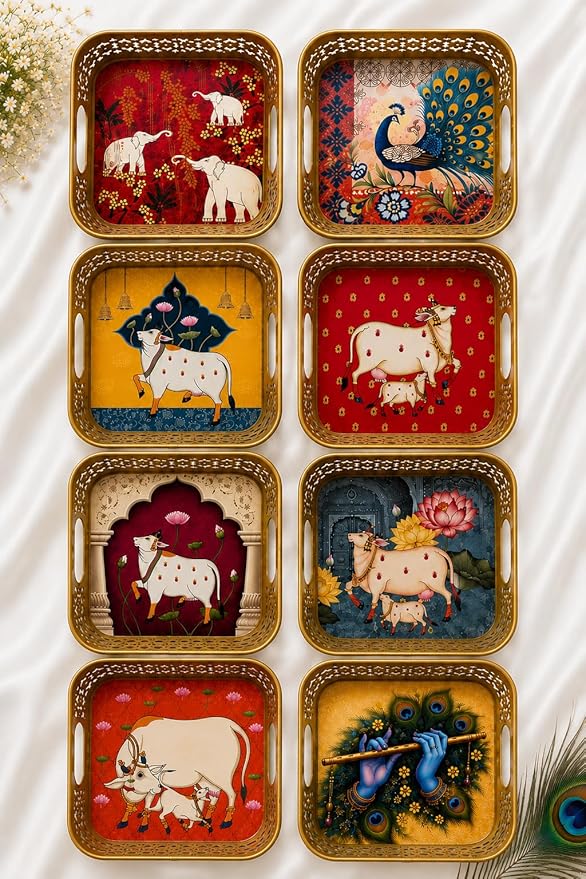Pichwai Metal 6 Inch Decorative Square Serving Traditional Art Print Tray for Return Gifts, Home Decor, Wedding, Diwali Festive Pooja & Dry Fruit Gifting (Multi Color, 6 inch)
