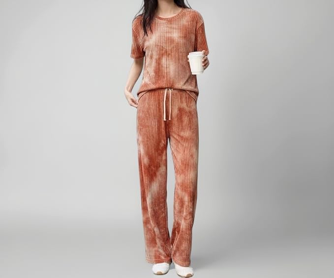 SMOWKLY Women's Tie-Dye Cotton Blend Pajama Set | Relaxed Fit Short Sleeve Top & Long Pants Sleepwear | Soft & Comfy Lounge Wear Set with Pockets Winter wear Nightdress| Trendy Korean Nightsuit Set