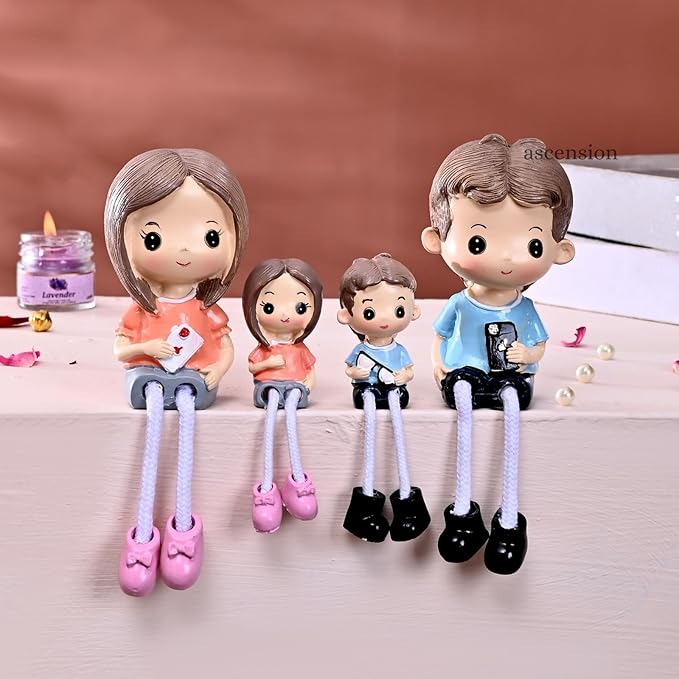ascension Adorable Cute Family Figurines Mom Dad Boy & Girl Sitting Hanging Legs Doll Handmade Love Showpiece Decorative Items for Tabletop Birthday Gift Wedding Valentine's Day Home & Office Décor