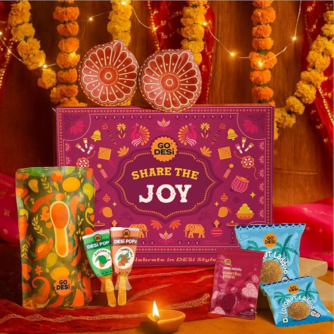GO DESi Diwali Gift Box  - 12 Items | Share the Joy Diwali Gift | Diya Set | Diwali Gifts for Family and Friends | Budget diwali gifts | Hamper | Coconut Laddu | DESi POPz: Tangy Imli, Real Aam, Kaccha Aam | Meetha Paan