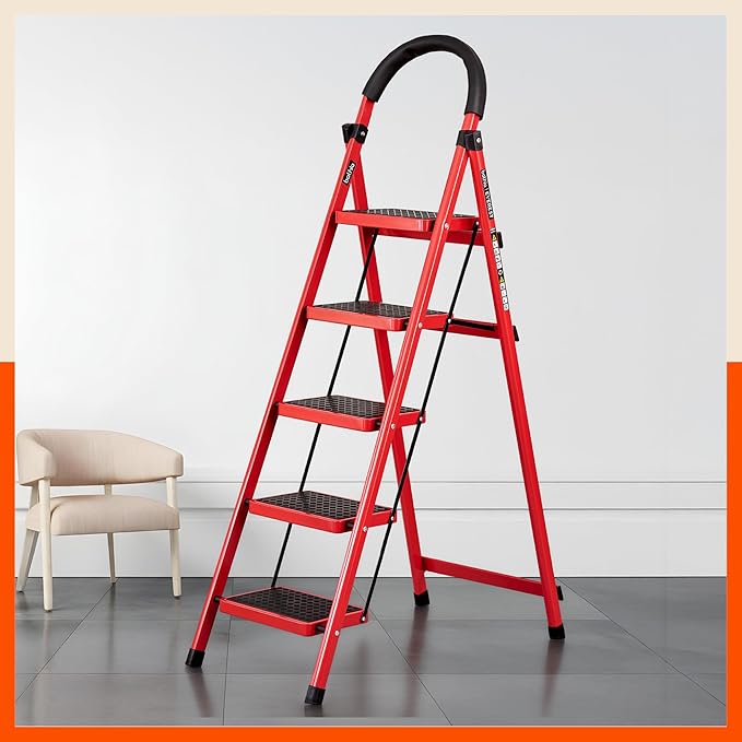 Bathla Everest 5 Step Steel Ladder with Safety Hand Grip | Durable & Anti-Skid | Lightweight & Foldable for Home & Office Use | 2 Year Manufacturer Warranty (Red)