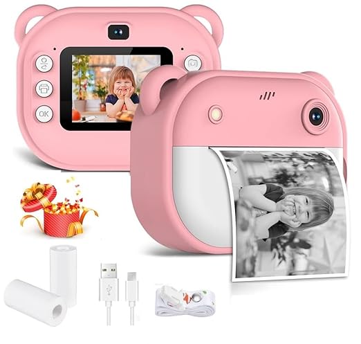 Kids Instant Print Camera  -  Mini Digital HD Photo & Video Camcorder with Games | Fun Learning Toy for Boys & Girls Ages 4-18 | Includes 2 Print Rolls  -  Ideal Gift for Kids (Pink)