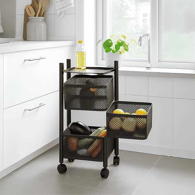 3-Layer Revolving Square Storage Trolley  -  Black Metal Swinging Basket Rack with Wheels  -  Space-Saving Square Organizer for Kitchen, Bathroom, Office & Home Essentials