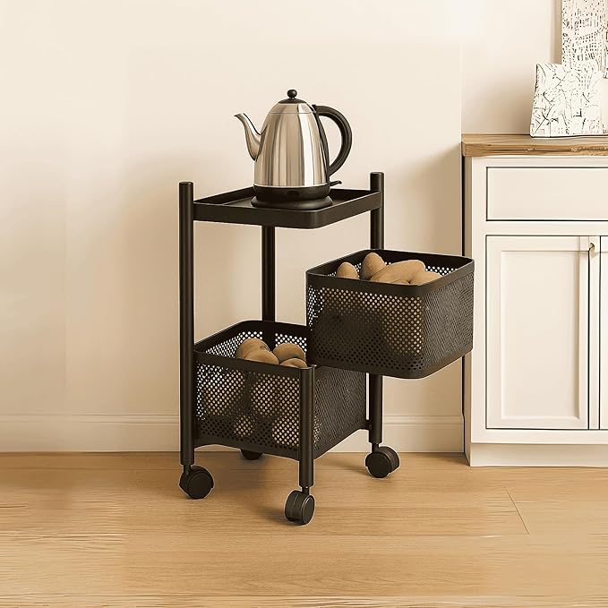 2-Layer Revolving Square Storage Trolley  -  Black Metal Swinging Basket Rack with Wheels  -  Space-Saving Square Organizer for Kitchen, Bathroom, Office & Home Essentials