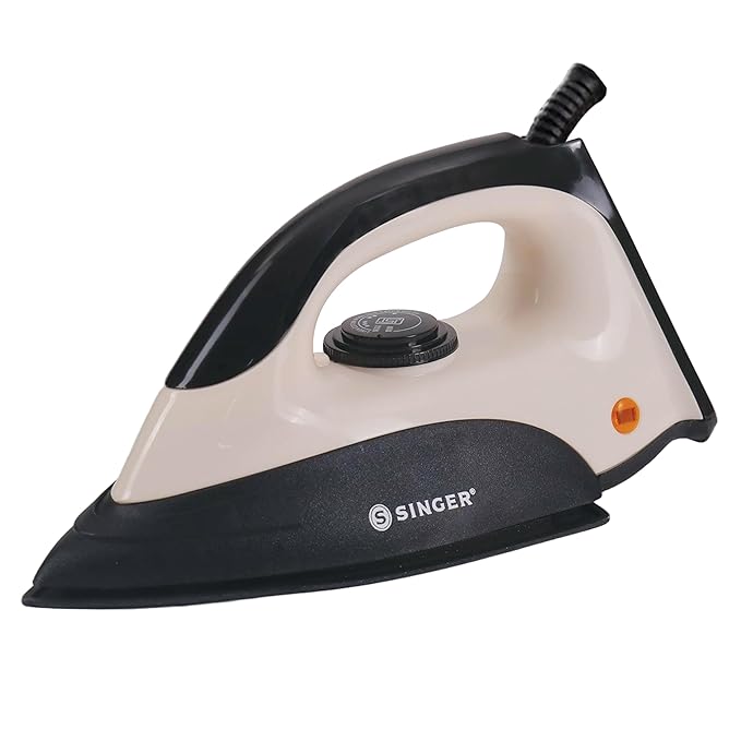 SINGER Auro 1000 Watts Dry Iron | Bigger Sole Plate for Faster Ironing | Uniform Heating with U Shaped Element | Adjustable Temperature Control | 2 Year warranty Beige-Black 