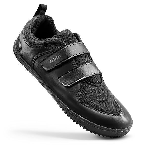 Frido School Shoes for Boys & Girls with Wide Toe Box - Black Comfortable Zero Drop Kids School Shoes with Velcro Closure - Breathable Mesh, Black