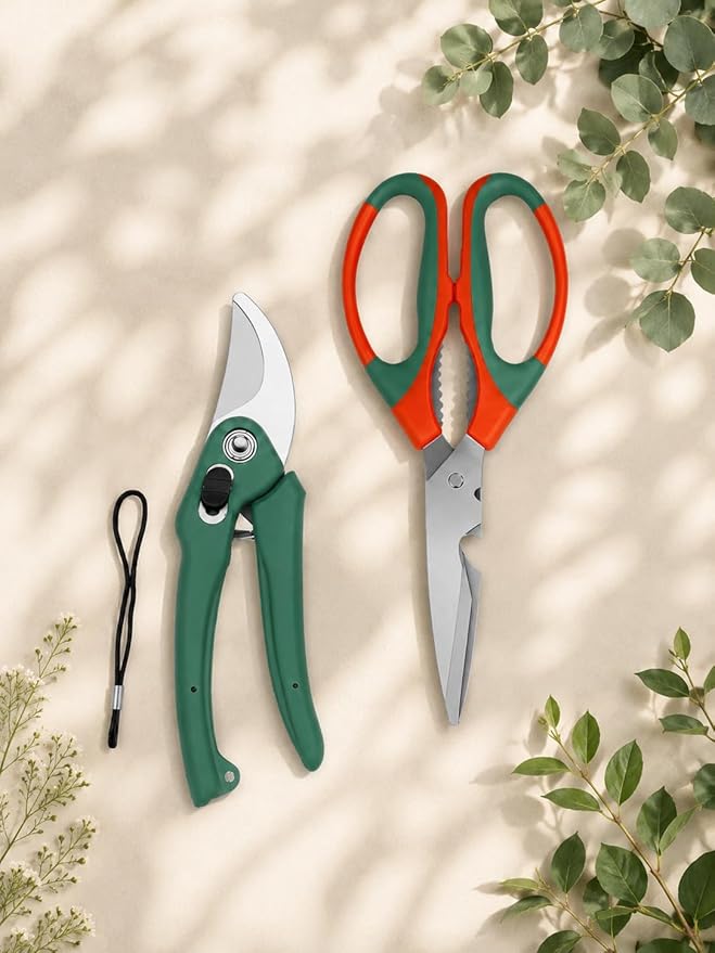Multipurpose Gardening Scissors & Green Pruner Set of 2 -  Heavy Duty Garden Shears with Stainless Steel Blades and Soft Grip Handles for Pruning, Trimming, Harvesting, and Plant Care (GTK)