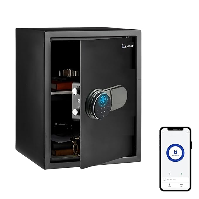 LAVNA Digital Safe Locker | 5 way access | Fingerprint, Mobile app, PIN, OTP & Key Access | 304 Grade SS bolts suitable for Jewellery, Cash, Document & other valuable of Home Office Tijori (Gross 49L)