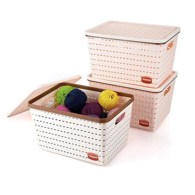 Nayasa Gloria Plastic Basket for Storage | Vegetable & Fruit Basket | Multipurpose Storage Box and Organiser Basket with Lid | Big - Set of 3 | Peach