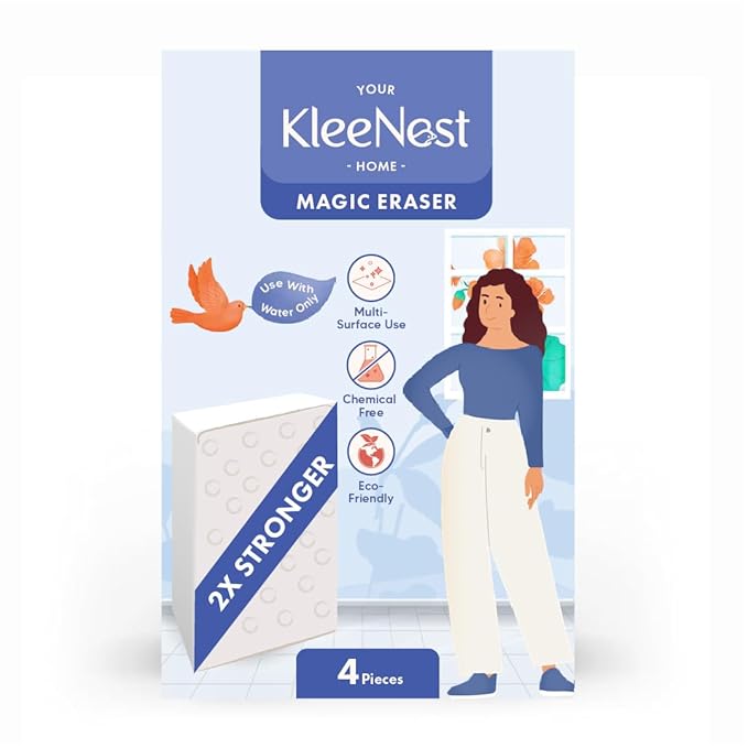 Kleenest Magic Eraser Cleaning Sponge | Pack of 4 | Chemical-Free, Multi-Purpose Wipe for Effortless Cleaning of Kitchen, Bathroom, Walls, Shoes & More  -  Tough on Stains, Gentle on Surfaces