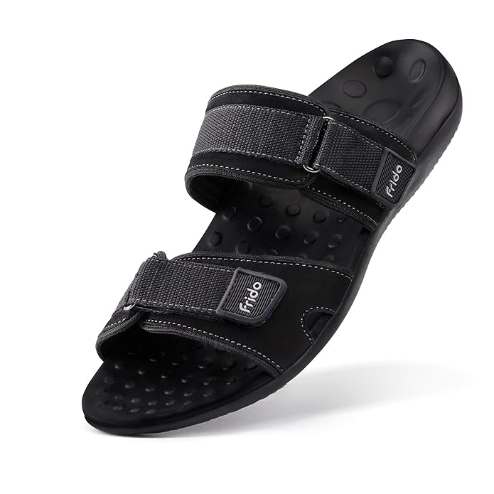 Frido Men's Orthotics Dual Strap Sandals | Genuine Leather Comfort Sandals with Acupressure Footbed | Arch Support & Adjustable Velcro | Walking Casual Sandals for Plantar Fasciitis & Foot Pain