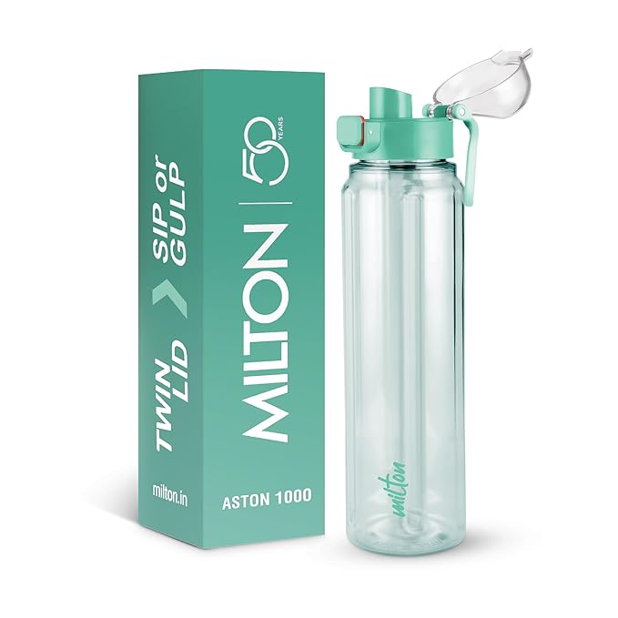 MILTON Aston 1000 BPA & BPS-Free Water Bottle 1 ltr | Food-Grade Plastic | One-Click Open | Leak-Proof | Sip & Gulp Lid I Ideal for Office, School, College, Gym, Turquoise Blue