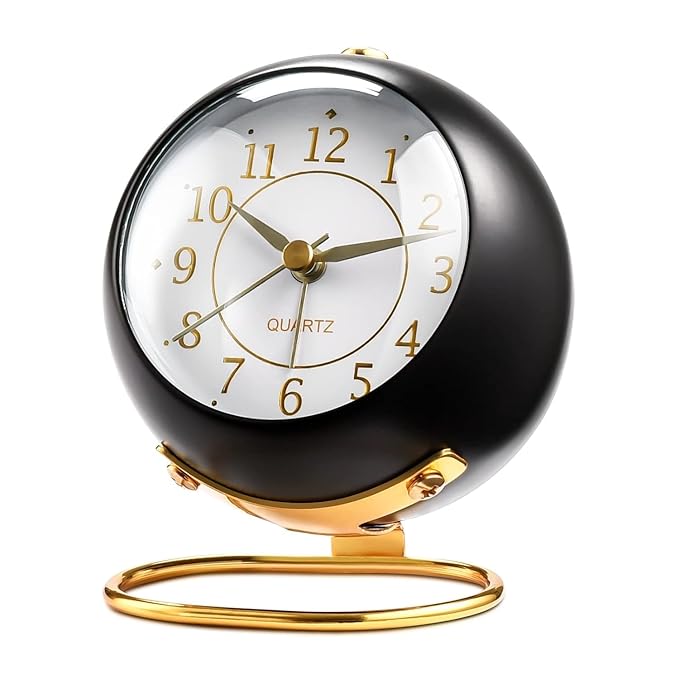 Vaanar Sena Retro Analog Alarm Clock with Night Light  -  Silent, Non-Ticking Small Desk Clock, Cute and Simple Design, Battery Operated for Kids, Bedroom, or Travel (Black)
