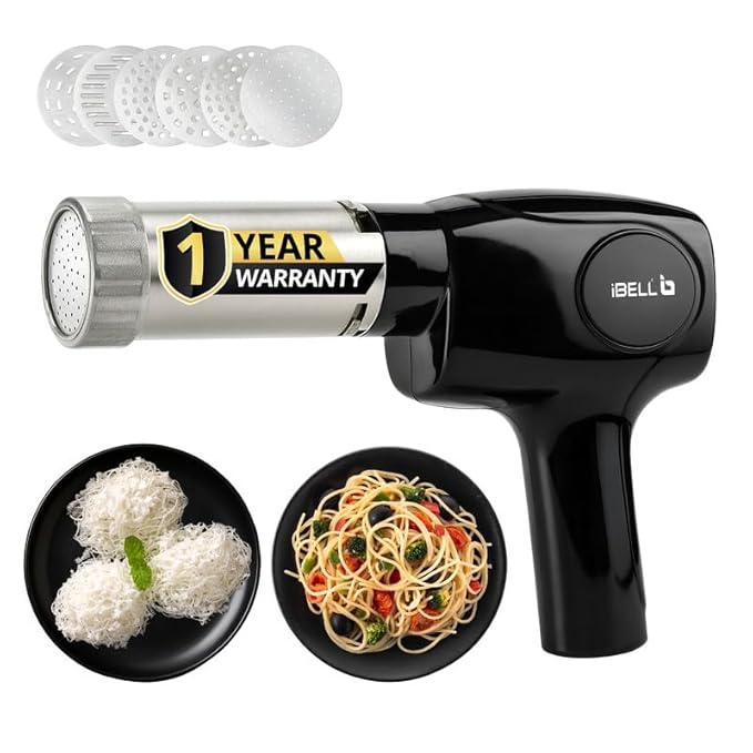 IBELL Electric Idiyappam Maker, Pasta & Noodle Maker with 6 Molds, 50Watts Power, 50 Times for Full Charge, Cordless with Rechargeable Battery(Black)