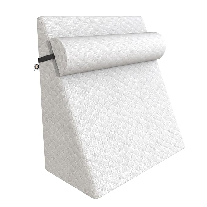 Orthopedic Wedge Pillow with Headrest for Sleeping, Reading & Acid Reflux Relief | Premium Memory Foam Bed Cushion | Ideal for Back Support, Leg Elevation | 18 x 18 x 10 Inch | White Jacquard