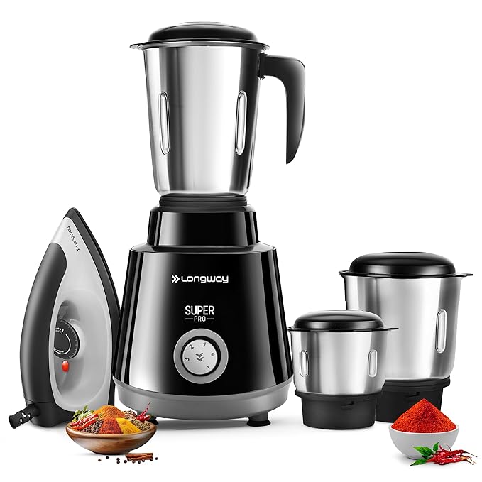 Longway Super Pro Mixer Grinder with Kwid 1100W Dry Iron | Up to 700 Watt Powerful Motor | 3 Jars for Grinding, Mixing, Juicing | 2 Year Warranty (Black & Gray, Combo Offer)