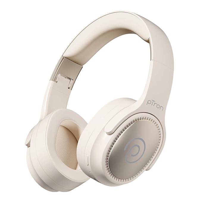 pTron Studio Pro w/ 65Hrs Playtime, Wireless Over Ear Headphones w/HD Mic & AI-ENC, Low-Latency Game & Music, 40mm Drivers, BT5.4, Dual Device Pairing, Voice Assist. & Type-C Fast Charging (Beige)