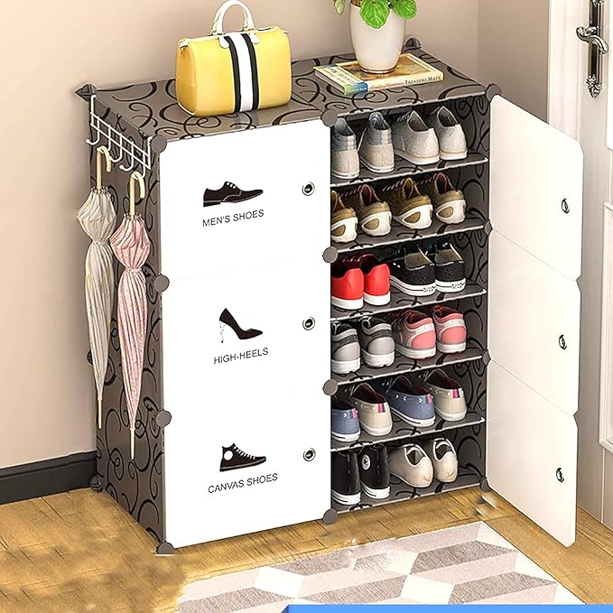 HOOBRO 12-Tier Portable Shoe Rack for Home Plastic Shelves Household -6 DOOR DIY Modular Shoe Storage Cabinet for Entryway, Hallway, or Bedroom,Waterproof & Dustproof for Heels/Slippers/Boots