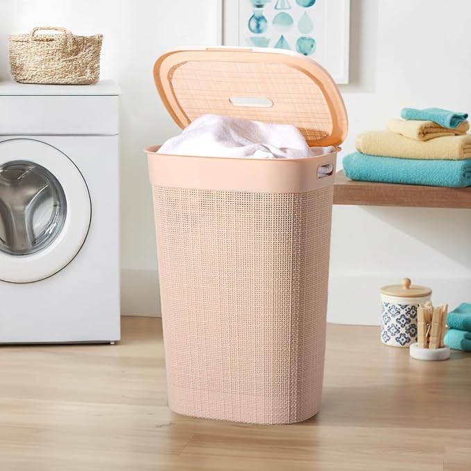 Kuber Industries Plastic Large 55 Ltr Laundry Basket with Lid & Handle | Multipurpose Hamper Bins Storing Washable Clothes, Blankets | Household Ideal for Home & Bathroom | Woods - Rose Gold