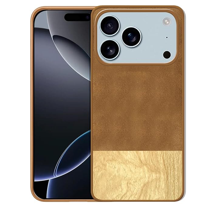 amazon basics Luxury Leather and Wooden Texture iPhone 17 Pro Max Back Cover Case | Baby Skin Feel Full Camera Protection Case | Raised Edges | Side Soft TPU (Brown)