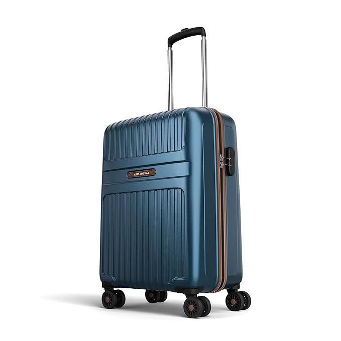Aristocrat Atlas Cabin Trolley Bag 55cm | Small | Hard Luggage | Smooth 8-Wheel Suitcase | Secure Combination Lock with Sturdy Zipper | Full Fabric Convipack | 3-Year Warranty (Teal Blue)