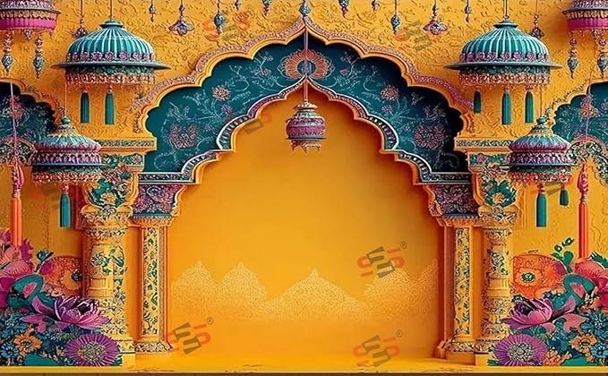 S2S Yellow Arch Backdrop Cloth for Pooja Decoration Traditional, Background Decoration Cloth | Curtain Cloth for All Festival, Functions & Ceremonies - (5 x 8 Feet) (Yellow Arch)