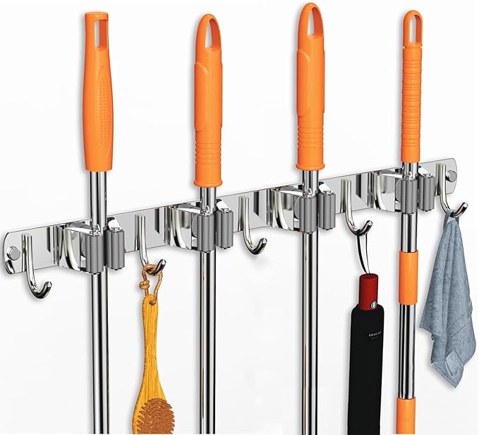 JIALTO Adhesive Broom Holder and Mop Organizer | Mop Holder For Wall Without Drilling with 4 Slots and 5 Hooks for Kitchen, Garage, Garden, and Utility | Space Saving Cleaning Tool (Silver)