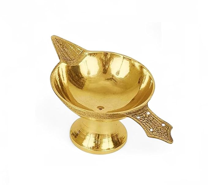 Brass Diya Oil Lamp for Puja, Traditional Design with Handle, Gold (Pack of 1)
