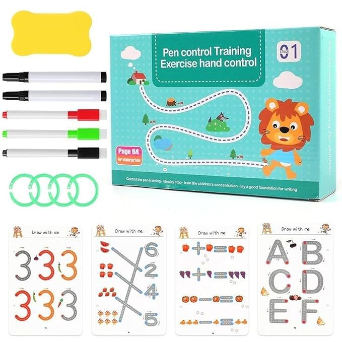 64 Pages Magical Tracing Book Set for Kids  -  Reusable Pen Control Workbook for Learning Alphabet, Numbers  -  Preschool Handwriting & Educational Activity Book-1 pc