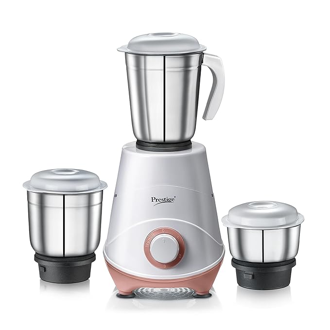 Prestige 500W Nexus Mixer Grinder with 3 Stainless Steel jars|1200ml Wet Jar,800ml dry jar, 400ml chutney jar|3 Super-efficient Blades|3 motor setting|Sturdy Handles |2 Yrs Warranty|White & Rose Gold