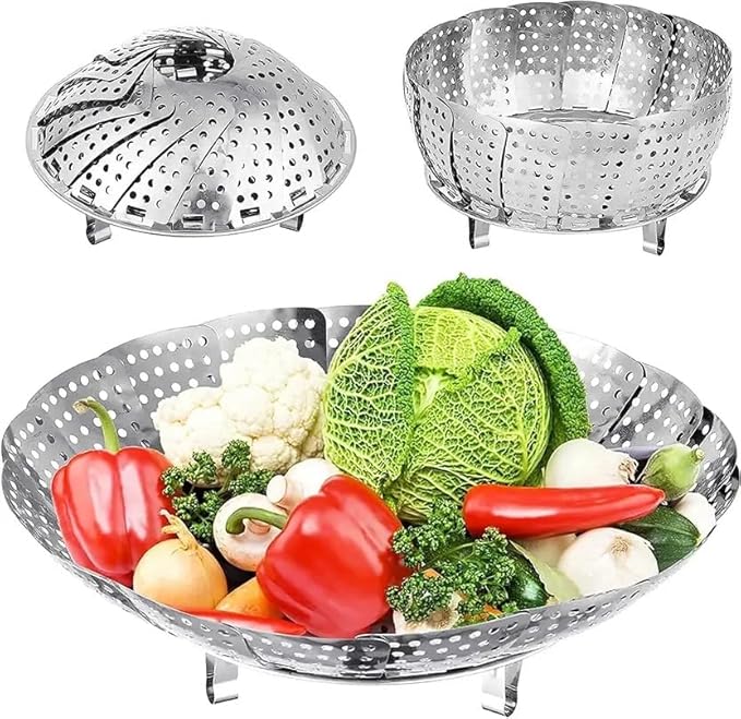 PANCA Stainless Steel Vegetable Steamer Basket | Expandable Steamer Insert for Cooking Vegetables, Fruits, Idli, Momos & Salad | Multi-Purpose Food Steaming & Draining Bowl for Pots & Pans (Silver)