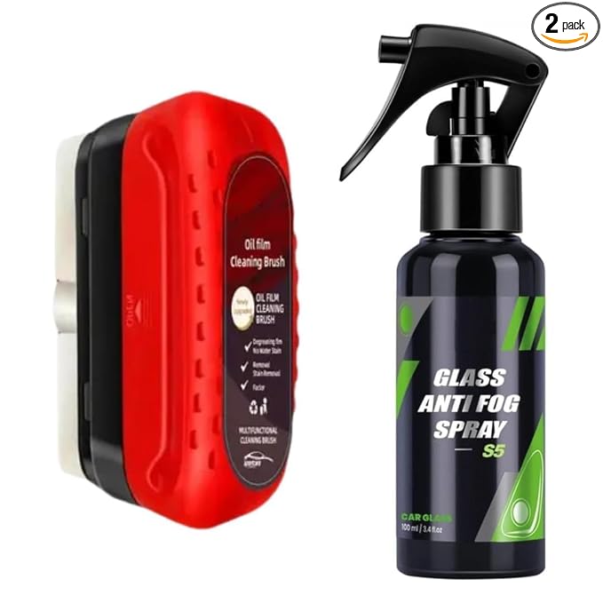 Oil Film Cleaning Brush & Car Glass Cleaner Anti-Fog Spray | Windshield Defogger & Stain Remover for Interior & Exterior | Anti-Mist, Oil Stain Remover for Car Windows, Mirrors & Glass
