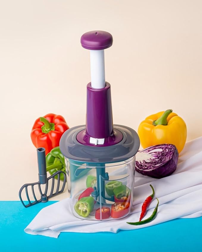 Manual Food Chopper, 1100ml Capacity, 6-Blade Stainless Steel System, 2-in-1 Push Vegetable Processor