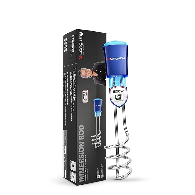 Longway LWIR01 1500W Immersion Water Heater Rod | Water Proof | Shock Proof Body | Heavy Element with Nickel Coated | Instant Fast Heating | ISI Certified | 2 Years Replacement Warranty (Blue)