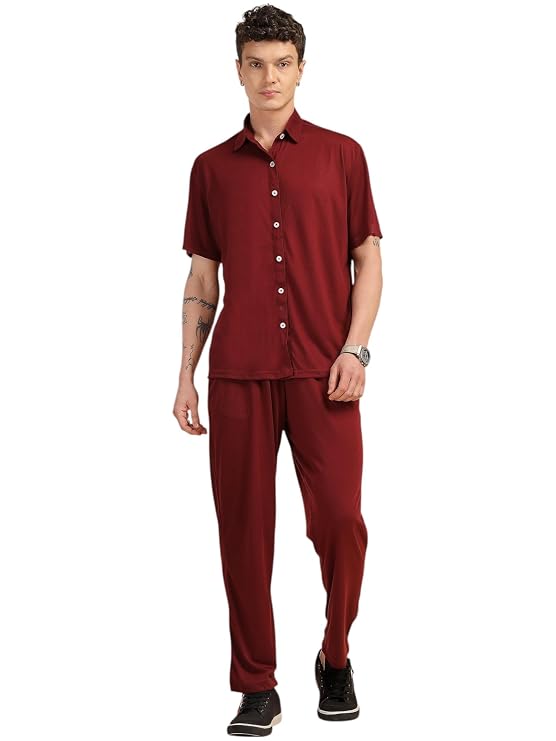 Thomas Scott Men's | Relaxed Fit | Solid | 100% Polyester | Co-Ord Set With Short Sleeves & Spread Collar