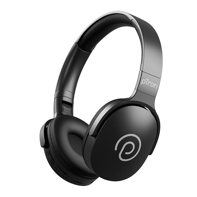 pTron Studio w/ 60Hrs Playtime, Wireless Over-Ear Headphones with HD Mic, Immersive Sound, 40mm Drivers, BT5.4, Dual-Device Pairing, 3.5mm Aux Port, TF Card Slot & Type-C Fast Charging (Jet Black)