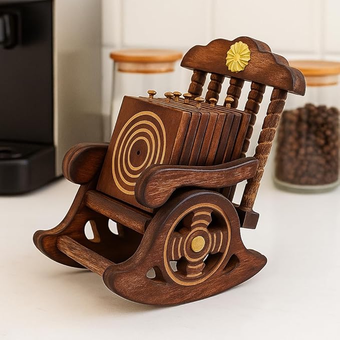 Kundi Wooden Antique Miniature Chair Shape Coaster Set | 6 Drink Coasters for Tea, Coffee, Hot & Cold Beverages | Tabletop Decor for Kitchen, Dining, Office & Restaurant